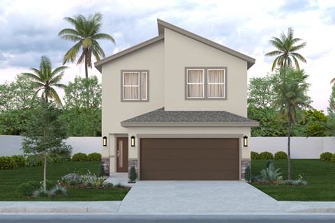 A two-story house with a garage is surrounded by a white fence and palm trees.